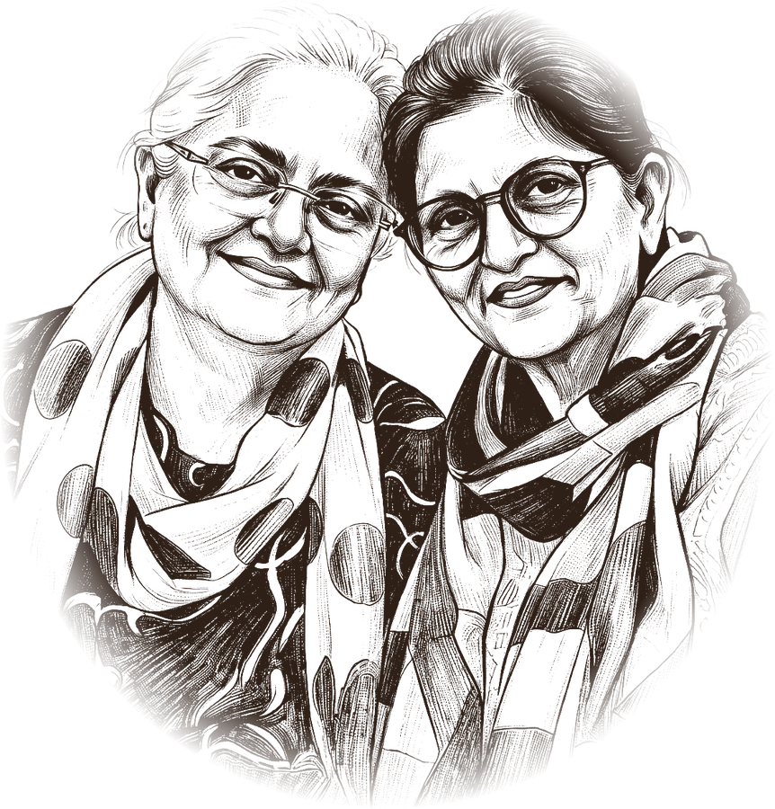 Pencil sketch of the two sisters, Maa and Maasi, smiling together